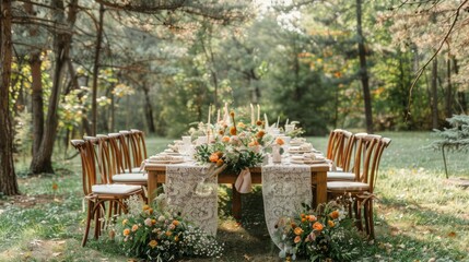 High-Angle View of Boho Wedding Reception Table with Rustic Wooden Furniture and Wildflower Centerpieces in Nature