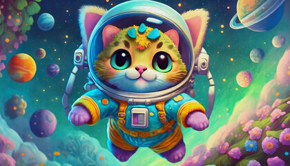 Naklejka premium oil painting style cartoon character illustration Baby cat astronaut floated weightlessly in the zero-gravity of space