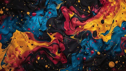 Fabric background featuring abstract, splattered patterns in bold primary colors, creating a dynamic and energetic look