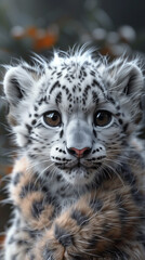 Stunning closeup of a snow leopard cub with striking details, highlighting its gorgeous fur pattern and captivating eyes in the soft glow of natural light