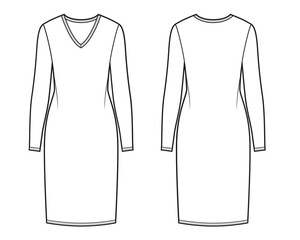 Basic dress with V-neck, fashion technical template.