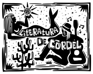 Obraz premium Literature of cordel. Brazilian cordel woodcut style. Mermaid and guitarist. Vector illustration with lettering