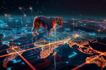 Global Protection Concept: 3D Render of Dog Superhero on Digital World Map Highlighting Connectivity and Data Streams