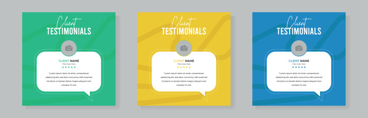 Set of client testimonials or review social media post design, client feedback template with square size modern and creative