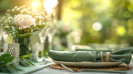 Macro Shot of Wedding Table Setting with Sage Green Napkins, Elegant Plates, and Natural Elements