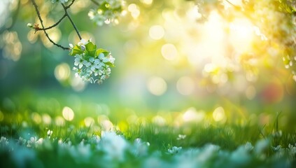 Obraz premium Beautiful blurred background of natural spring green grass meadow with blooming trees in a sunny day. Spring nature wallpaper banner in the style of nature