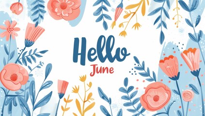 A cute pastel illustration of summer flowers and leaves with the text "Hello June" in blue, pink, and orange on a white background Generative AI