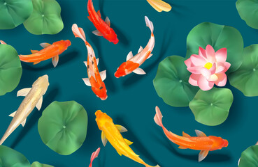 Koi fish seamless pattern. Multi-colored carps swim among lotuses, top view. Realistic 3D style. Vector illustration