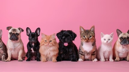 A group of cats and dogs on a pink background. A banner for pet clinics or animal shelters