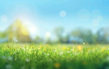 Obraz premium Beautiful blurred background of spring nature green grass meadow with trees and blue sky