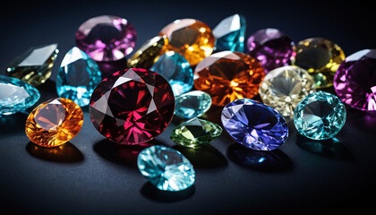 Various colored diamonds scattered on a black background, showcasing a vibrant array of hues and shapes