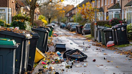Chaotic Scene: British Street Strewn with Tipped Over Wheelie Bins