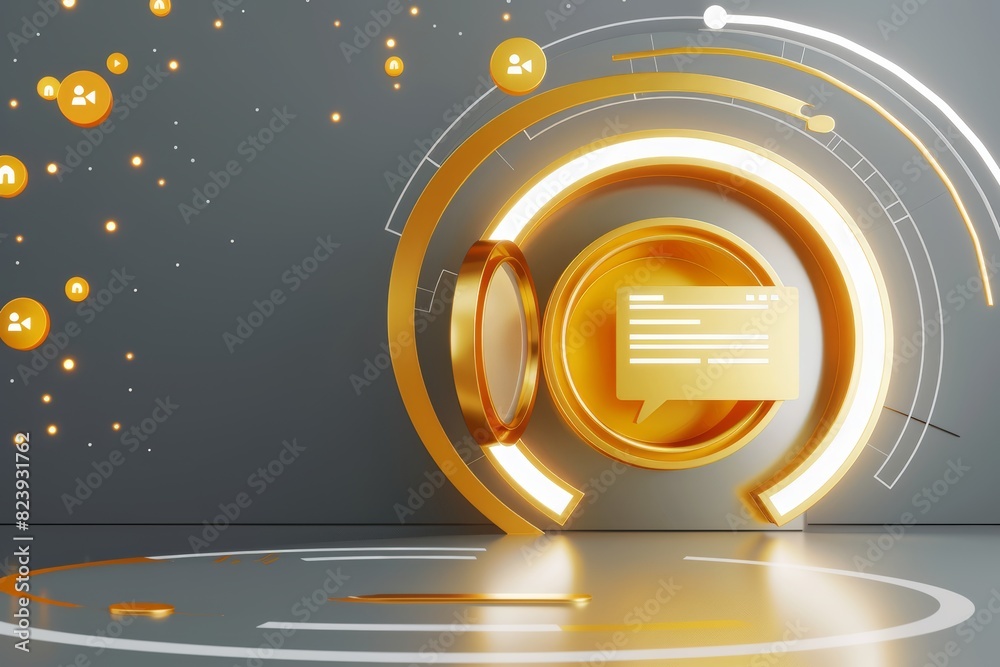 Aufkleber Abstract Futuristic Digital Communication Interface with Gold Elements, showcasing modern technology and innovation in a sleek and virtual environment, representing the future of online, Generative AI