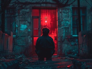 A boy crouches in front of a red door.