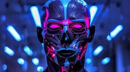 Naklejka premium A glowing blue and pink skull with glowing white eyes and a black background