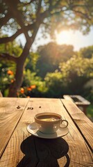 A wooden table with a cup of coffee on it. The background is a blurred garden with a tree and flowers. The sun is shining through the trees.