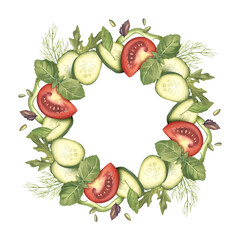 Cucumber, tomato, pepper slices with basil and dill leaves. Watercolor illustration. Fresh organic vegetables and aromatic herbs. Wreath for menu, banner, vegetable shop design. Farm products