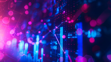 Abstract background of graphs and numbers in neon color. Histograms of blue and purple colors, indicating sales growth. Successful business. Concept of sales growth, success.