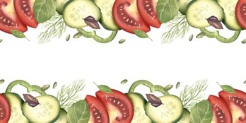 Cucumber, tomato, pepper slices with basil and dill leaves. Watercolor illustration. Horizontal banner of vegetables and aromatic herbs. Fresh organic products. Menu, shop, packaging, label, textile