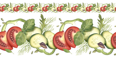 Cucumber, tomato, pepper slices with basil and dill leaves. Watercolor illustration. Set of seamless patterns. Ornament of vegetables and aromatic herbs. Farm products shop, packaging, textiles