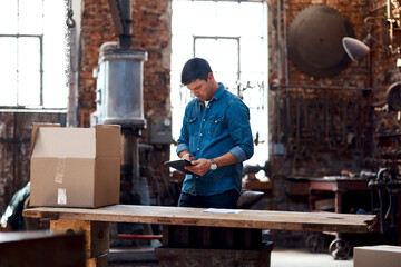Tablet, box and man in factory for delivery, blacksmith or manufacturing trade in small business....