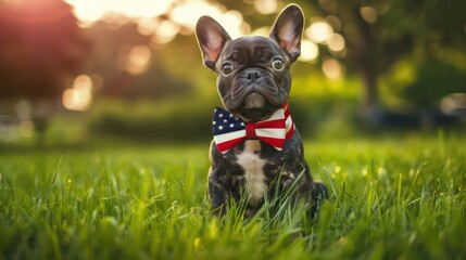 Dog french bulldog in bow tie and with American flag, independence day. Generative AI