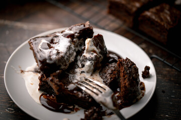 vanilla ice cream on chocolate brownie