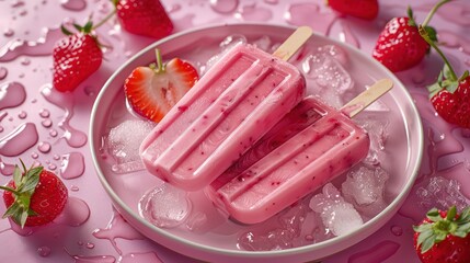 Pink strawberry popsicle ice cream on stick. Generative AI