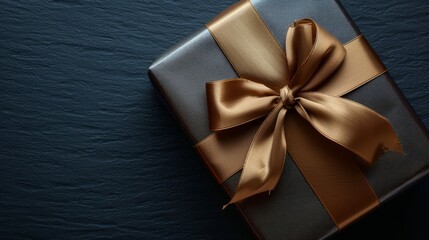 Elegant Gift Box Adorned with Gold Satin Ribbon, Top View on Dark Background with Ample Text Space