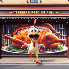 A frightened chicken runs from a grill