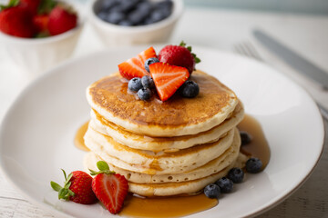 pouring syrup on piled pancake with strawberries and bluberries
