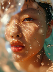 Close up of face, Asian woman emerging from water. Artistic underwater portrait with water reflections.