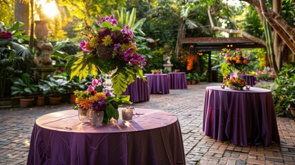 Wedding Party Tables Decorated with Purple Tablecloths and Floral Arrangements, Wide Shot in Scenic Garden