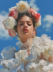 Portrait of a girl with a wreath of roses flowers wearing a white lace dress and large ruffles under blue sky. Fashion bride concept.