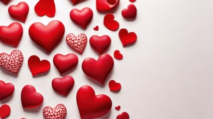 White background with many red and white hearts all around it with empty space in the center