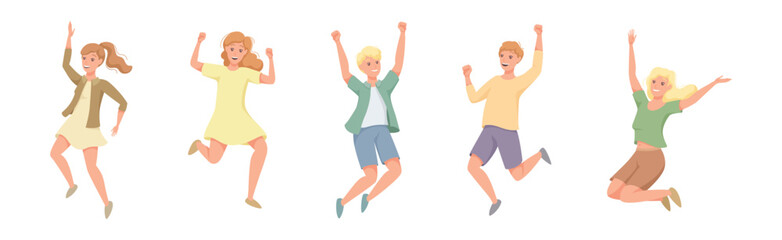 Happy People Character Jumping with Raised Hands Vector Set