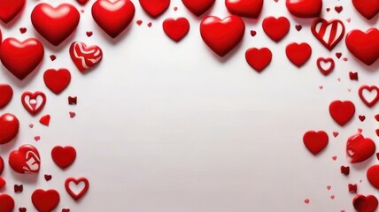 White background with many red and white hearts all around it with empty space in the center