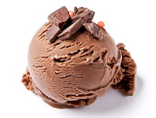 chocolate creamy ice cream, with pieces of chocolate candy on white background