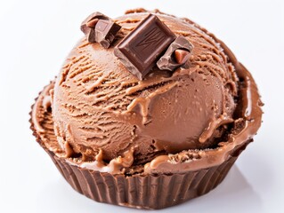 chocolate creamy ice cream, with pieces of chocolate candy on white background