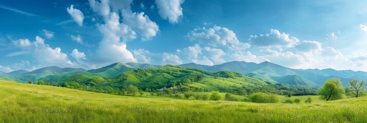 Fototapeta premium Beautiful panoramic view of green grassy hills with trees and mountains in the background under a blue sky on a sunny day