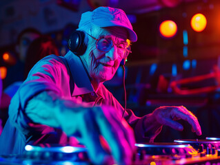 An elderly man as a DJ in a nightclub. Stands behind a DJ console, mixing tracks. Colorful lights...
