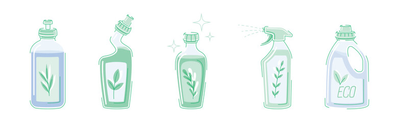 Detergent Bottle with Eco Label and Closed Cap as Household Cleaning Equipment Vector Set