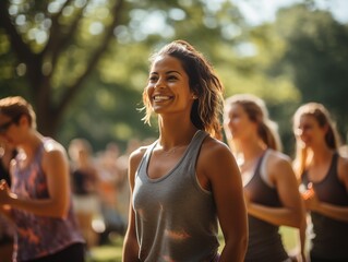 Woman Smiling at an Outdoor Yoga Class on a Sunny Morning
