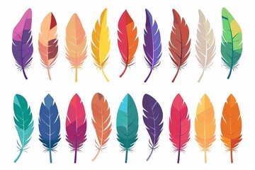 colorful bird feather icons isolated on white background flat vector illustration set
