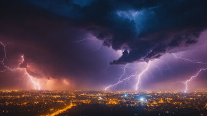A powerful storm with lightning illuminating in the dark sky. Dramatic view of heavy, destructive thunderstorm approaching the night city. Concept of natural disasters, weather changes, cataclysms. 