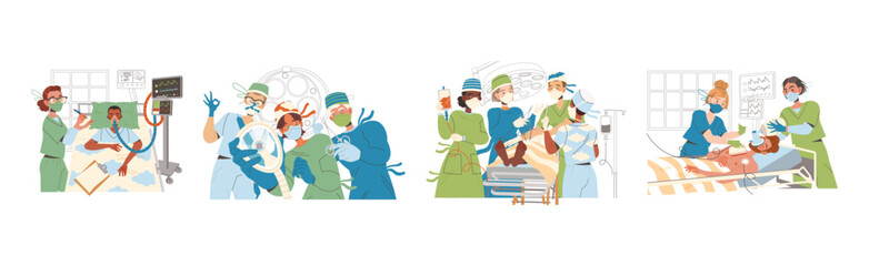 Doctors with Patient as Medical Staff Working in Clinic Vector Illustration Set