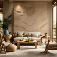 Living room interior room concrete wall in warm tones,gray armchair on wooden flooring.	