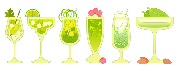 Cocktails set. Soft drinks with ice cubes, berries, citrus, grapes. Margarita. Green cocktail. Smoothie. Alcohol drink for bar. Non-alcoholic beverage. Flat vector illustration with outline, gradient