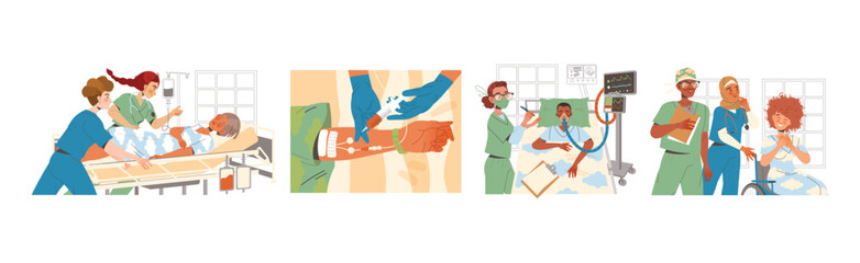 Doctors with Patient as Medical Staff Working in Clinic Vector Illustration Set