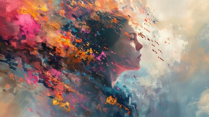 Fototapeta premium Artistic rendition of a woman's profile with splashes of vibrant colors, representing motion and emotion in an abstract form